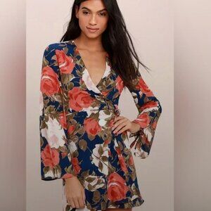 Lulu's Floral Wrap Mini Dress - Blue, Red, White